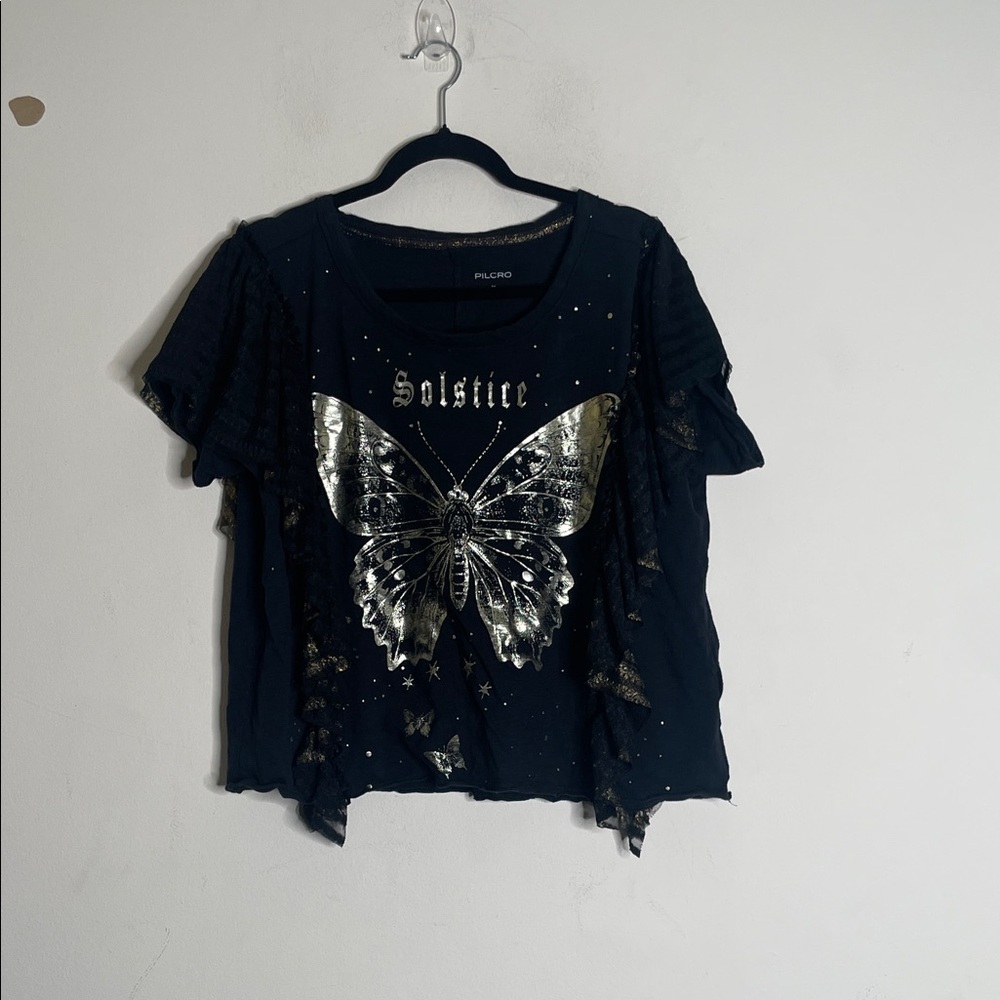 Solstice Black Crop Top with Metallic Gold Butterfly